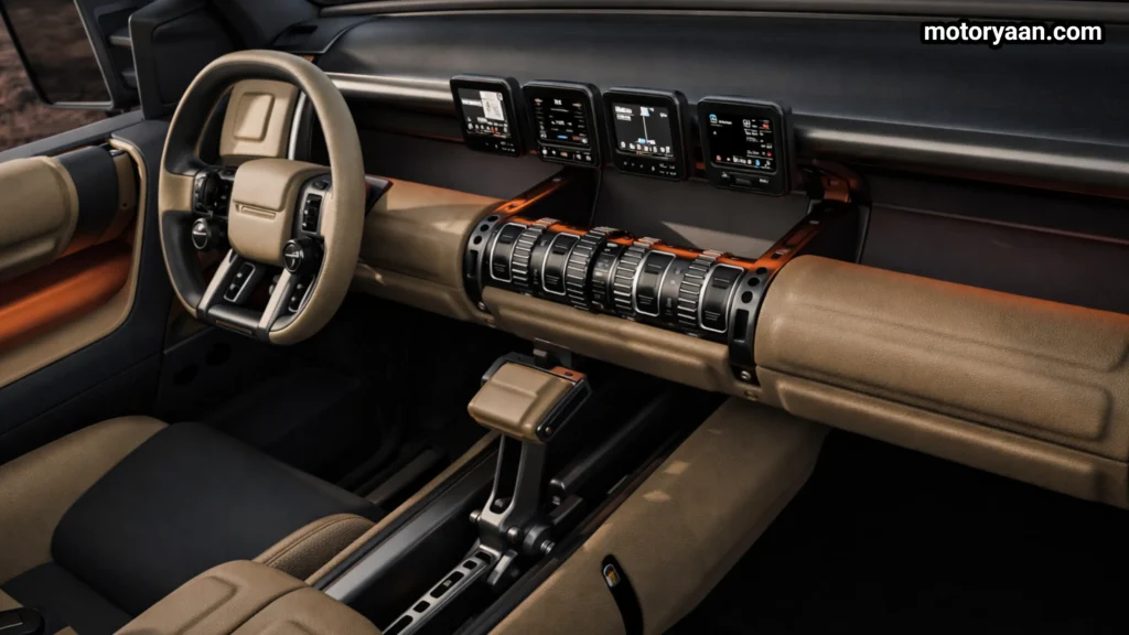 Hyundai Boulder Concept interior dashboard with multiple screens and rugged layout