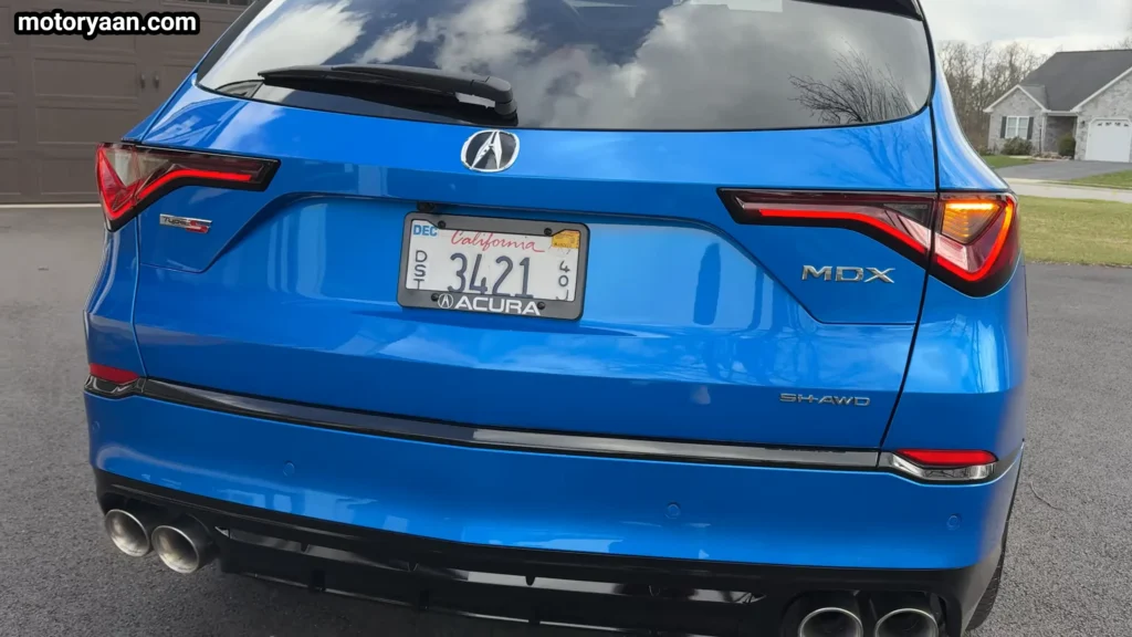 close up of 2026 Acura MDX Type S rear LED tail lights and exhaust design