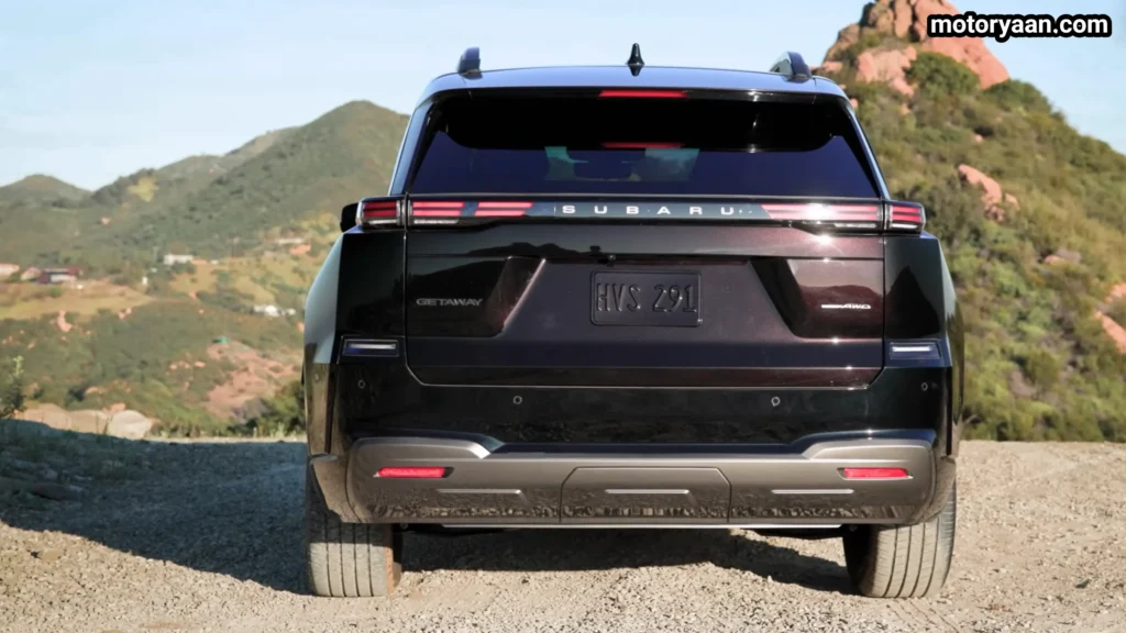 2027 Subaru Getaway Touring rear profile with tail lights and roof spoiler