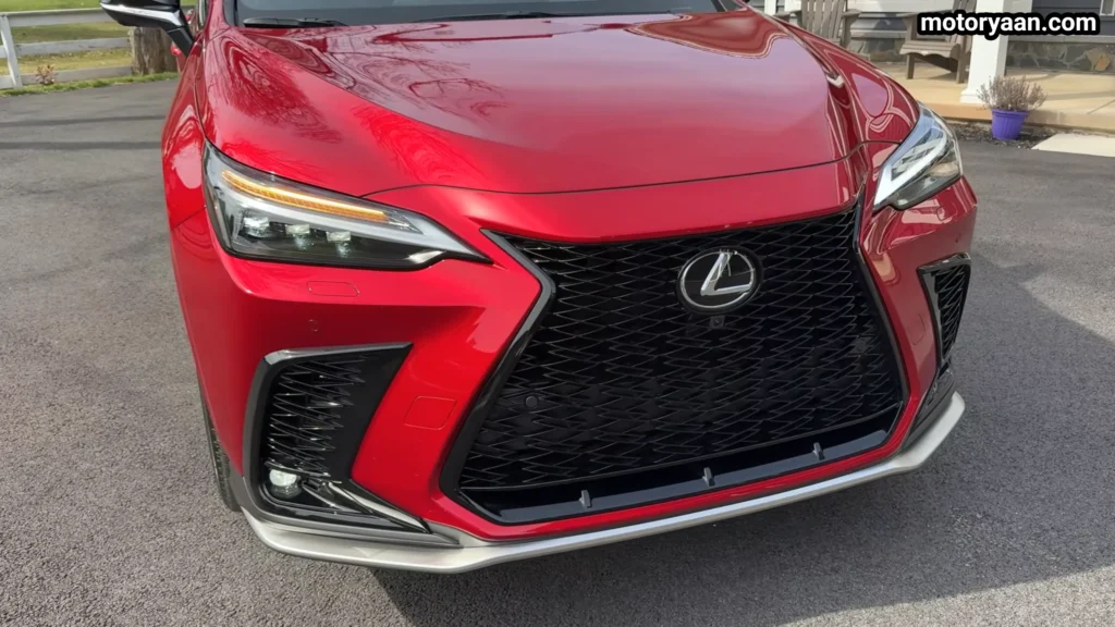 Lexus NX 350h F Sport close up of front grille and LED headlight design